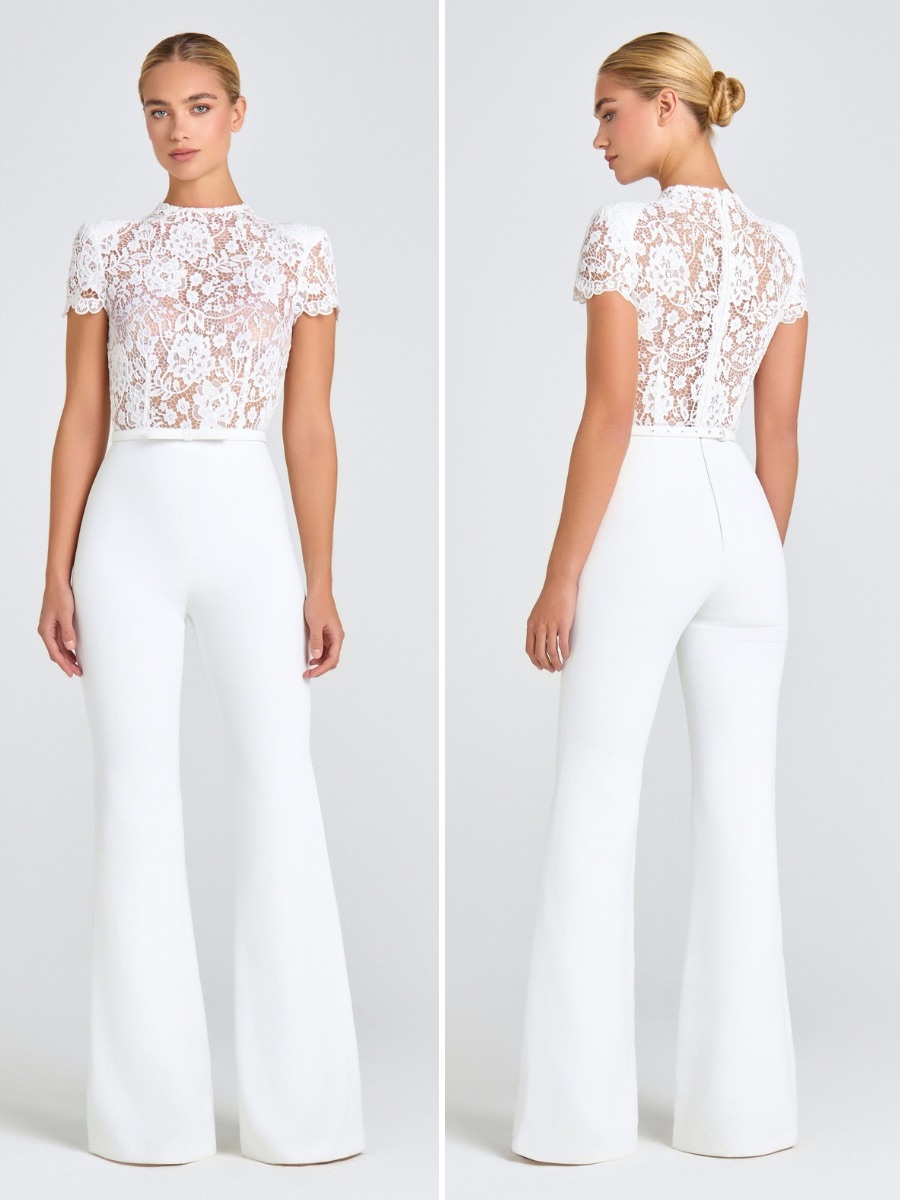 Nadine Merabi Hattie White Lace Bodice Flared Jumpsuit Sz 6 Msrp $475 Nwt